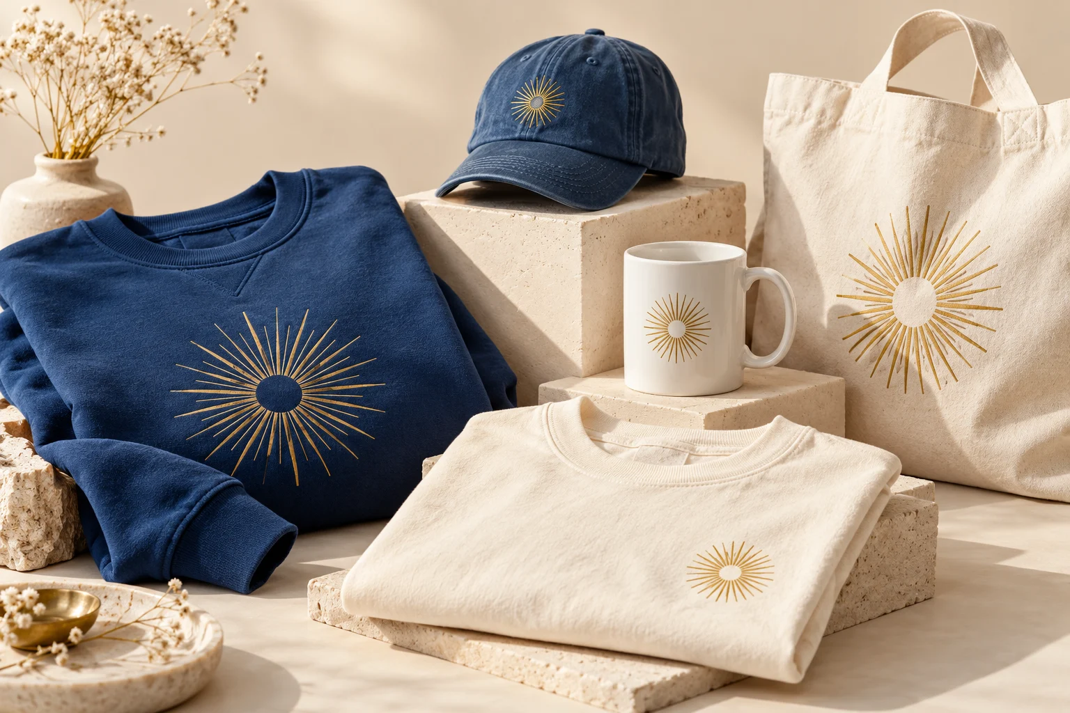 Illustrative blue and cream merch collection with coordinated gold sunburst designs